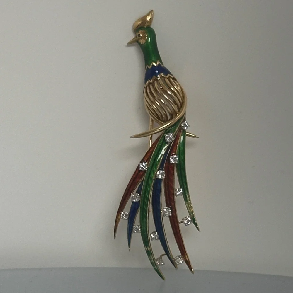 18k Real Diamonds Enamel Multicolor Bird Brooch